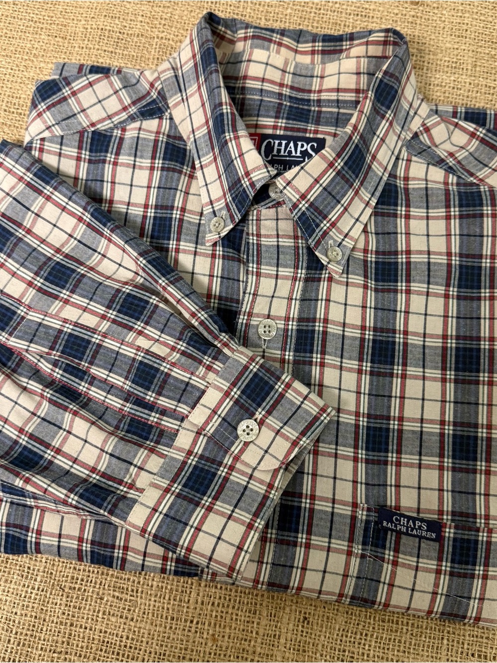Ralph Lauren Chaps Men's Blue, Cream & Red Plaid Button-Down Shirt size L/G
